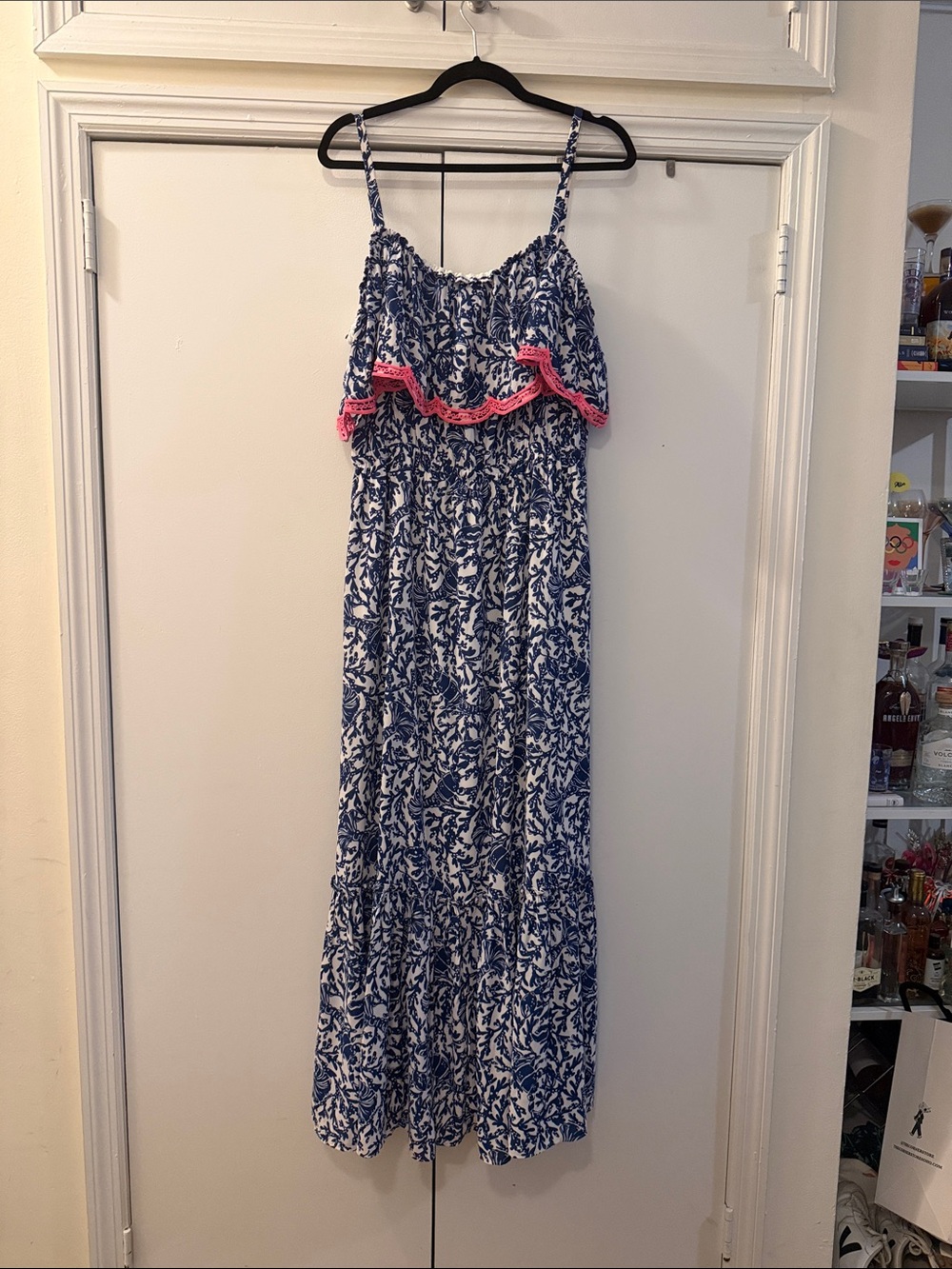 Lilly Pulitzer Blue & White Floral Maxi Dress with Pink Trim